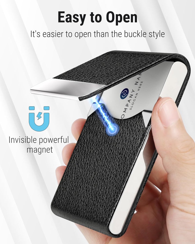 MaxGear Business Card Holder, PU Leather Business Card Case Pocket Card Holders for Men or Women, Metal Slim Name Card Holder RFID Blocking Business Card Carrier with Magnetic Closure, Black - Image 3